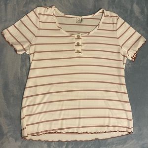 White top with maroon stripes and 2 buttons